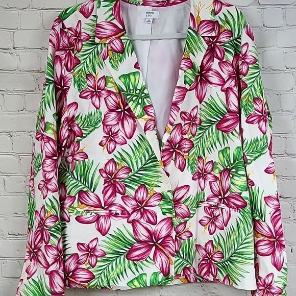 Crown & Ivy Women’s Blazer XL Hawaiian Pink Hibiscus Linen Suit Jacket Floral - Picture 2 of 9